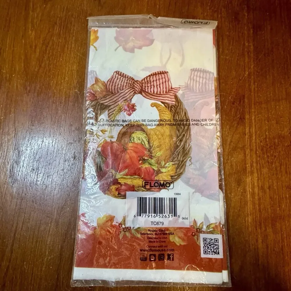 Vintage NOS Flomo Thanksgiving Plastic Tablecloth Cornucopia 54x108 Sealed